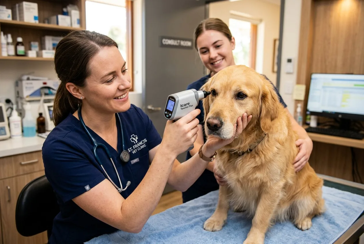 rebound tonometer measuring eye pressure on a patient